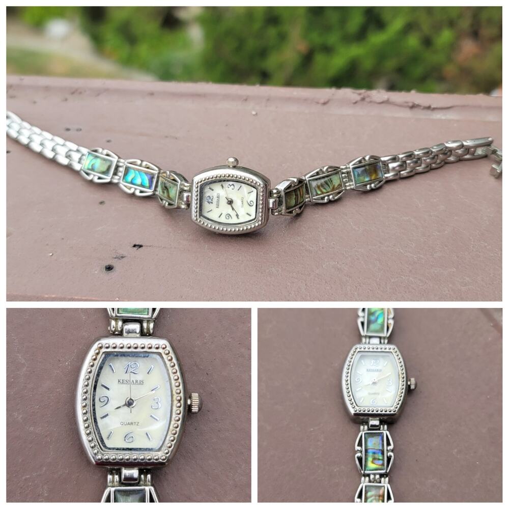 Vtg Silver Tone Kessaris Abalone Gemstone Band Watch